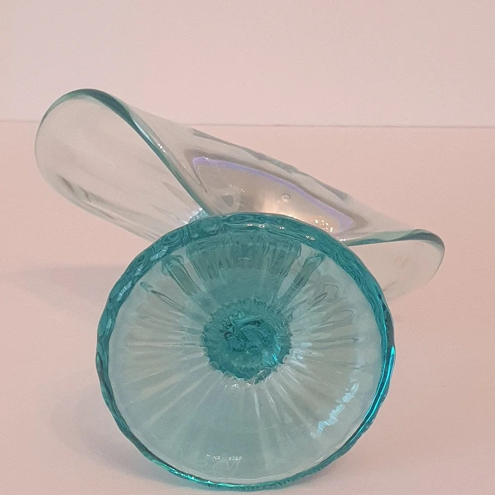 Vintage Jack in the Pulpit Candleholder Iridescent Aqua Glass Hand Blown Signed